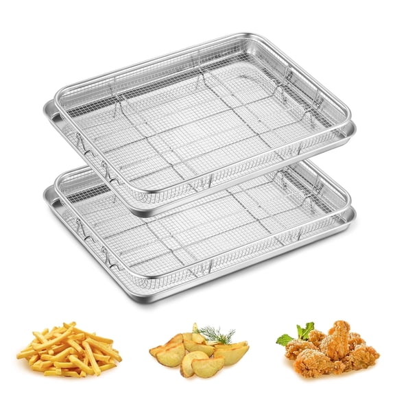 Walchoice Air Fryer Basket for Oven, Stainless Steel Air Fryer Pans and Trays Set of 2, Large Nonstick Crisper Tray for Turkey French Fries Chicken, Dishwasher Safe (16” x 12”, Silver)