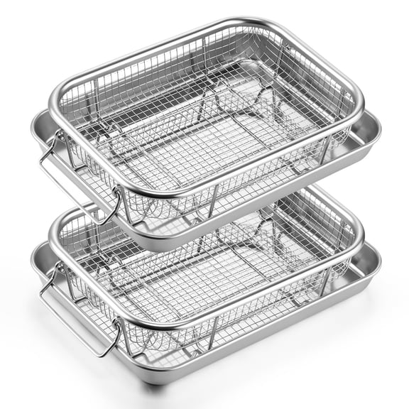 Walchoice Air Fryer Basket for Oven, Stainless Steel Air Fryer Pans and Trays Set of 2, Nonstick Crisper Tray for Turkey French Fries Chicken, Dishwasher Safe (10” x 8”, Silver)