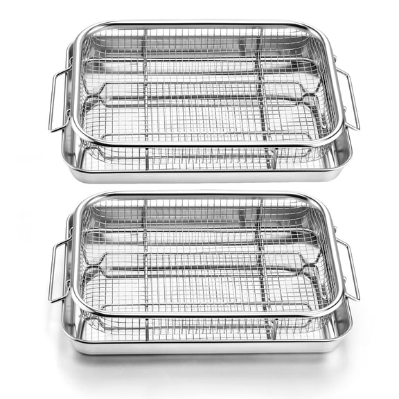 Walchoice Air Fryer Basket for Oven, Stainless Steel Air Fryer Pans and Trays Set of 2, Nonstick Crisper Tray for Turkey French Fries Chicken, Dishwasher Safe (9” x 6.7”, Silver)