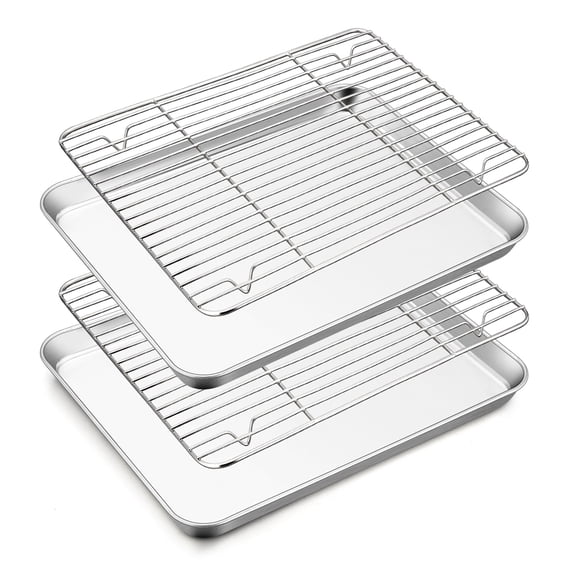 Walchoice Baking Sheet with Rack Set, 17.7" x 13" Stainless Steel Large Cookie Sheet with Wire Cooling Racks for Baking Cooking Roasting, Dishwasher Safe - 2 Pans + 2 Racks