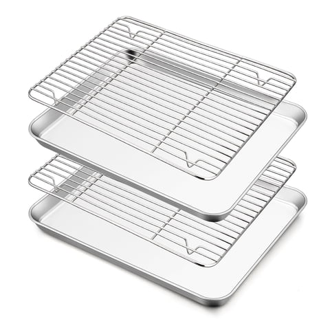Walchoice Baking Sheet with Rack Set (2 Pans + 2 Racks), Stainless Steel Large Cookie Sheet with Wire Cooling Racks for Baking Cooking Roasting, Dishwasher Safe - 16” x12”