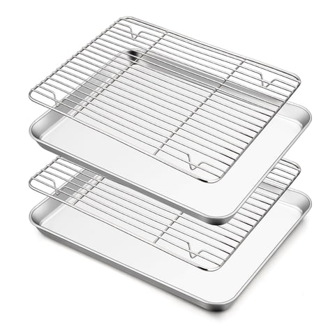 Walchoice Baking Sheet with Rack Set (2 Pans + 2 Racks), Stainless Steel Large Cookie Sheet with Wire Cooling Racks for Baking Cooking Roasting, Dishwasher Safe - 16” x12”
