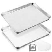 Walchoice Baking Sheet Set of 2, Stainless Steel Cookie Sheets Plus 50-Piece Parchment Papers, Metal Oven Trays for Cooking Roasting Serving, Mirror Finish & Rust Free - 16” x 12” x 1”