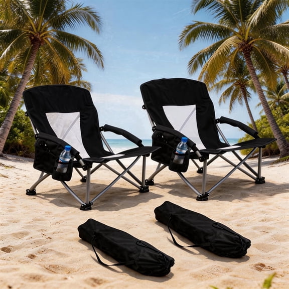 Walchoice 2 Pack Beach Chairs, Low Back Support Folding Chair with Wide Seat, Lightweight Portable Chair with Cup Holder & Carry Bag, 250 LBS Capacity for Camping Picnic, Black