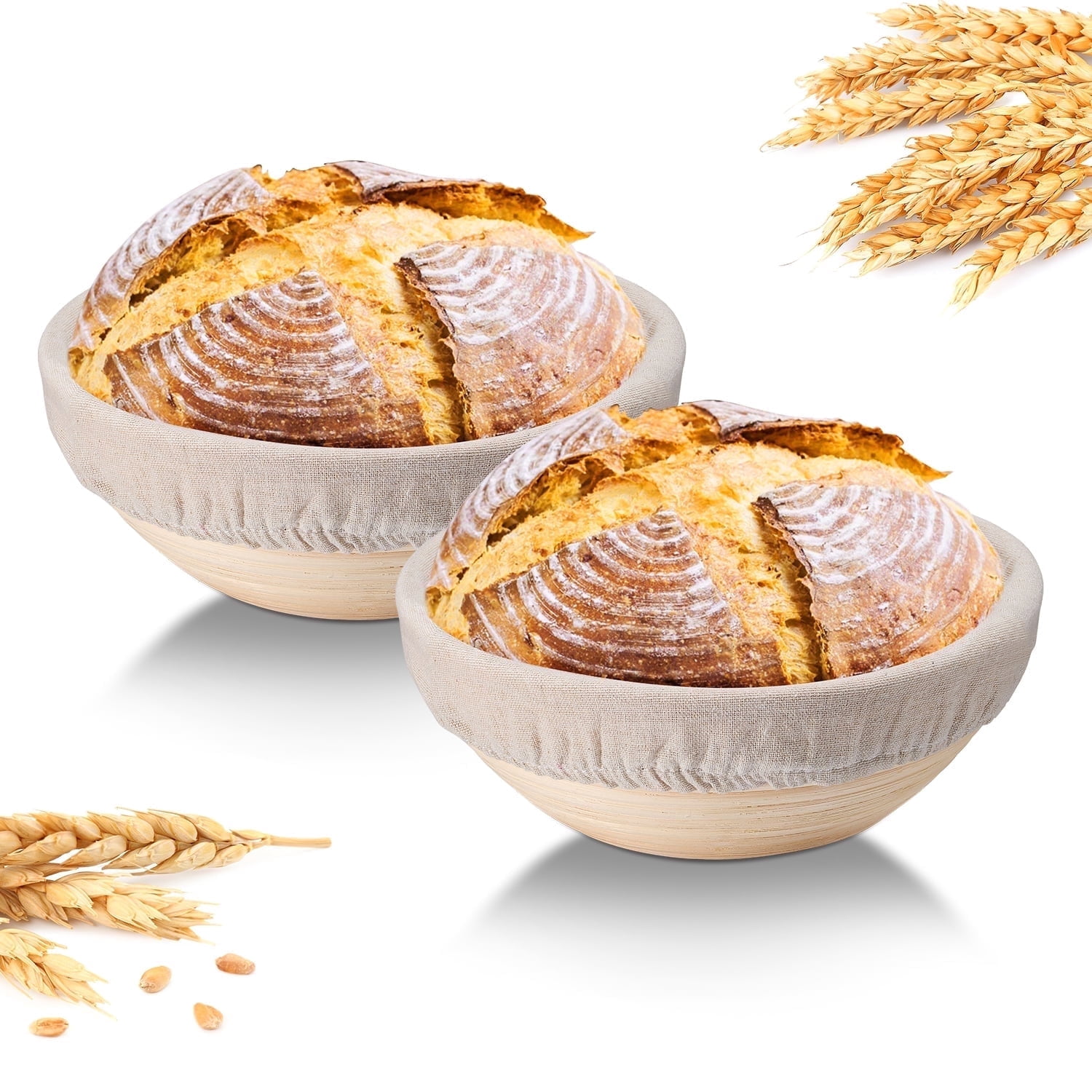 Walchoice Sourdough Bread Proofing Basket Set of 2, 9 Inch Round Dough Proofing Bowls, Sourdough Bread Baking Supplies for Bakers, Handmade Rattan Baskets with Liners