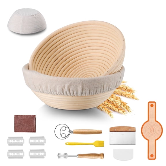 Walchoice Sourdough Proofing Basket Set, 9" Round Banneton Bread Baking Supplies, Sourdough Baskets with Bread Lame, Danish Whish, Bowl Scraper, Sourdough Scraper, and Linen Liners