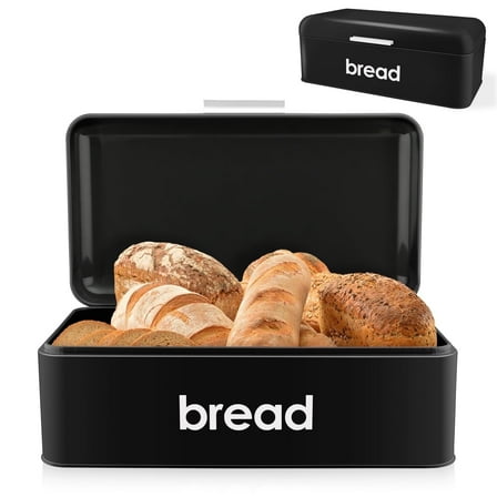 Walchoice Bread Box for Kitchen Countertop, 16.5” x 9” x 6.4” Black Metal Bread Bin Holder for Loaves Pastries Dry Food, Large Capacity Storage Container for Vintage Farmhouse Decor