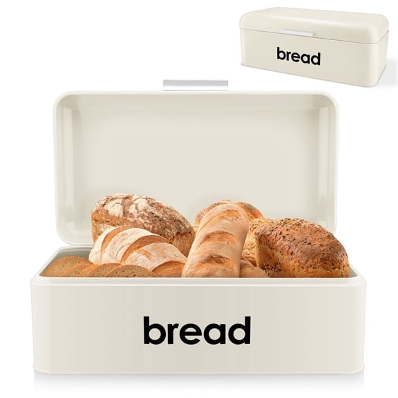 Walchoice Bread Box for Kitchen Countertop, 16.5” x 9” x 6.4” Cream White Metal Bread Bin Holder for Loaves Pastries Dry Food, Large Capacity Storage Container for Vintage Farmhouse Decor