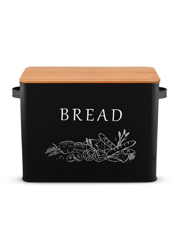 Walchoice Bread Box with Bamboo Lid for Kitchen Countertop, Farmhouse Metal Bread Storage Container Organizer, 13” x 7.2” x9.8”, Black