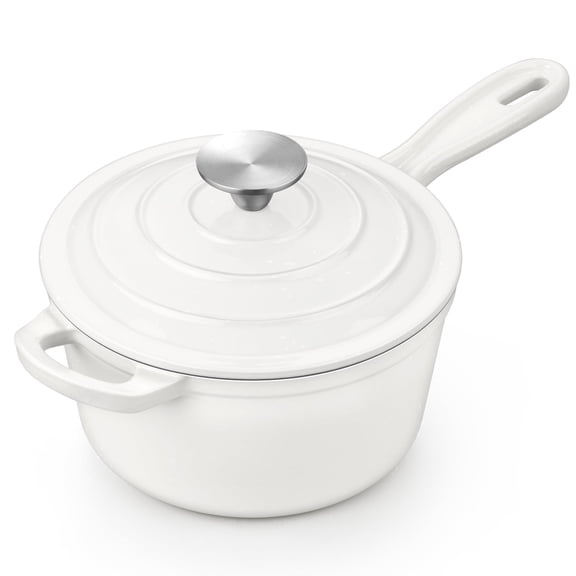 Walchoice 2QT Saucepan with Lid, Enameled Cast Iron Sauce Pan Pot, 2 Quart Small Dutch Oven Cooking Kitchen Pot, Nonstick & Heavy Duty - White