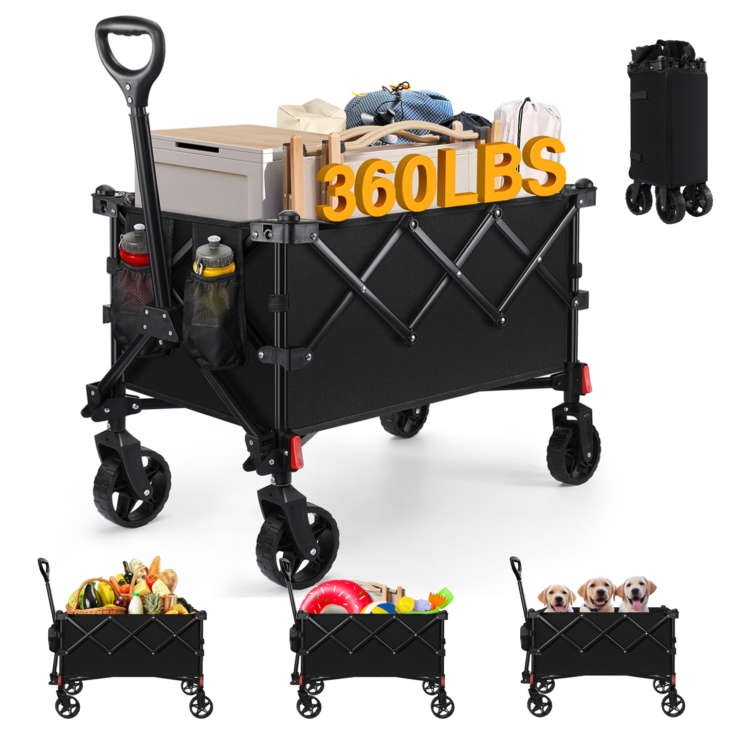 Walchoice Collapsible Wagon Cart, 360lbs Heavy Duty Utility Cart with All-Terrain Wheels & Adjustable Handle, Foldable Wagon for Beach Camping Shopping Sports Grocery Transport - Black