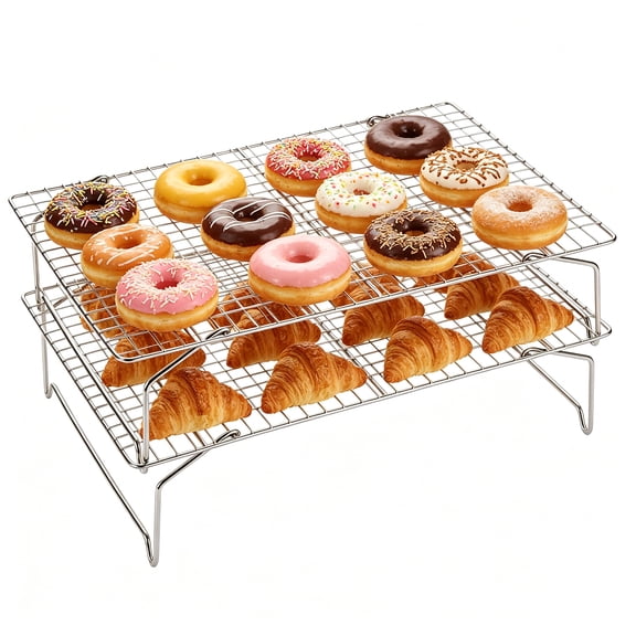Walchoice 2-Tier Cooling Rack, Stainless Steel Stackable Wire Rack for Baking Roasting Grilling, Collapsible Multi-Layer Baking Rack with Fine Mesh Design for Cookies Cakes Bread, 15” x 10.1”