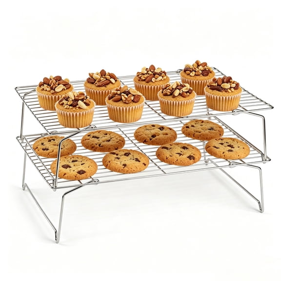 Walchoice 2-Tier Cooling Rack, Stainless Steel Stackable Wire Racks for Baking Roasting Grilling, Collapsible Cooling Rack for Cookie Cake Bread, 16.5” x 11.4”