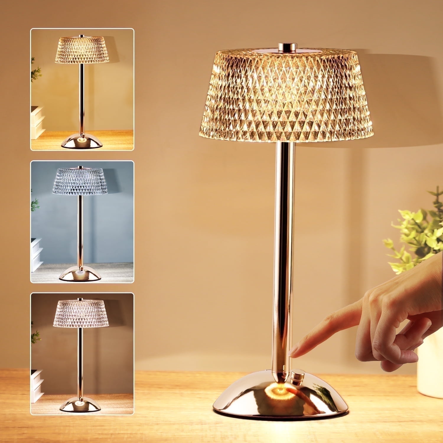 Walchoice Cordless Crystal Table Lamp for Bedroom, 3 Colors Dimmable Touch Control Desk Lamp, Portable Rechargeable Beside Lamp for Living Room, Gold