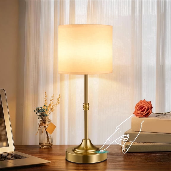 Walchoice Cordless Table Lamp, 3-Color Stepless Dimmable Rechargeable Desk Lamp, Lampshade with Bulb, Wireless Table Light for Bedroom Nightstand Restaurant, Gold