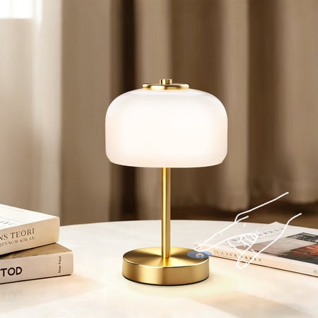 Walchoice Cordless Table Lamp, Rechargeable Touch Control Lamp with Glass Dome Shade, 3 Color Modes & Stepless Dimming, Portable LED Table Lamp with Gold Metal Base for Bedroom Nightstand