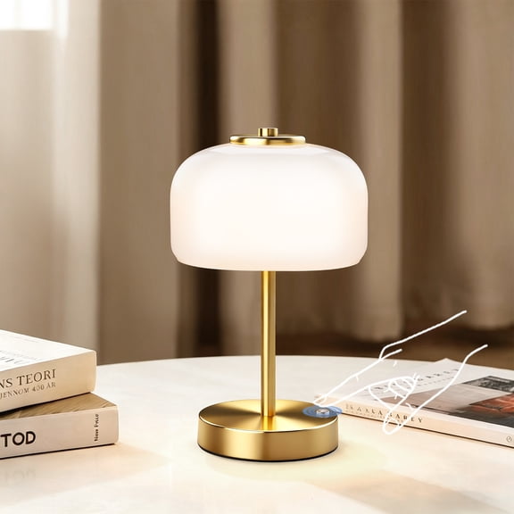 Walchoice Cordless Table Lamp, Rechargeable Touch Control Lamp with Glass Dome Shade, 3 Color Modes & Stepless Dimming, Portable LED Table Lamp with Gold Metal Base for Bedroom Nightstand