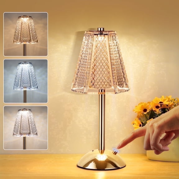 Walchoice Cordless Table Lamp, 3 Colors Dimmable LED Crystal Desk Lamp, Rechargeable Touch Lamp , Portable Night Light for Bedroom Living Room Restaurant Kitchen, Gold