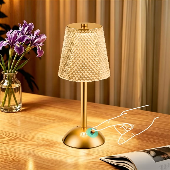 Walchoice Cordless Crystal Table Lamp, Rechargeable Touch Control Lamp with 3 Color Modes & Stepless Dimming, Portable Accent Lamp with Diamond Pattern Shade for Bedroom, Living Room