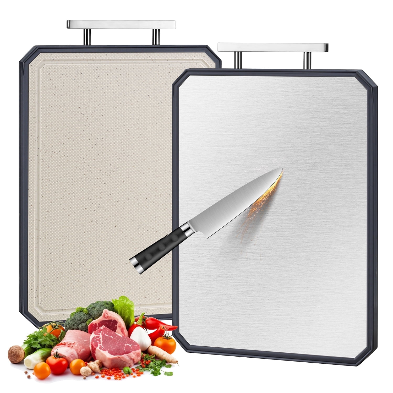Walchoice Double-Sided Cutting Board, Large 16” x 11” Stainless Steel Chopping Board with Handle for Kitchen, Food Grade & Non-Toxic for Meats Fruits Vegetables