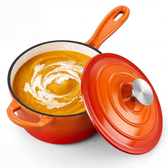 Walchoice 1QT Sauce Pan, Enameled Cast Iron Saucepan Dutch Oven Pot with Lid, 1 Quart Small Cooking Sauce Pot, Nonstick & Oven Safe - Orange