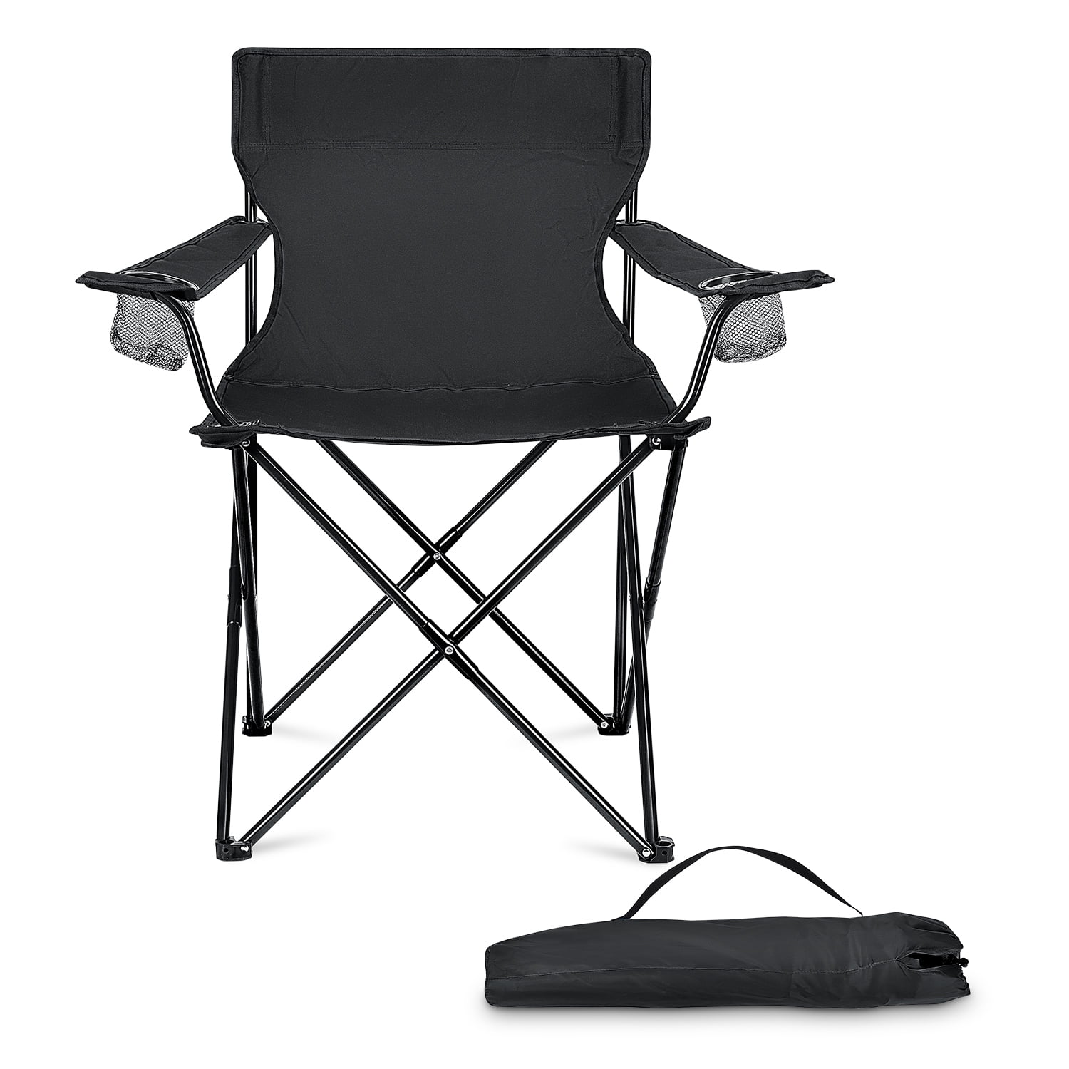 Walchoice Foldable Camping Chair, Oversized Lawn Chair for Adults, Portable Camp Chairs with Cup Holders for Outdoor Fishing Hiking Beach Picnic, Carrying Bag, Black
