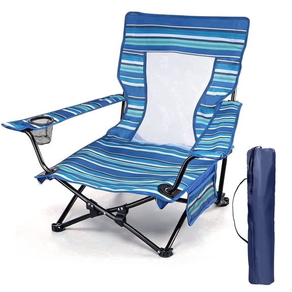 Walchoice Folding Beach Chair for Adults, Low Seat Camping Chair with High Back, Wide Seat Chair with Cup Holder & Carry Bag, Heavy Duty Portable Chair for Outdoor Picnic Travel - Blue/White/Green