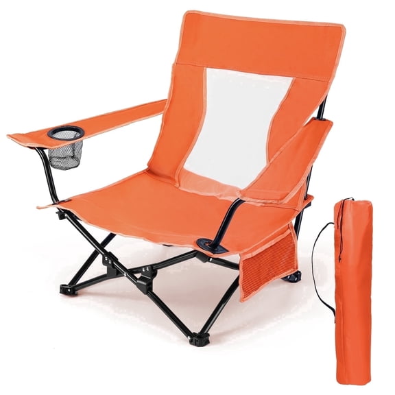 Walchoice Folding Beach Chair for Adults, Low Seat Camping Chair with High Back, Wide Seat Chair with Cup Holder & Carry Bag, Heavy Duty Portable Chair for Outdoor Picnic Travel - Orange