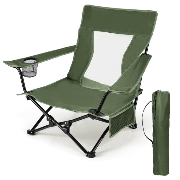Walchoice Folding Beach Chair for Adults, Low Seat Camping Chair with High Back, Wide Seat Chair with Cup Holder & Carry Bag, Heavy Duty Portable Chair for Outdoor Picnic Travel - Green