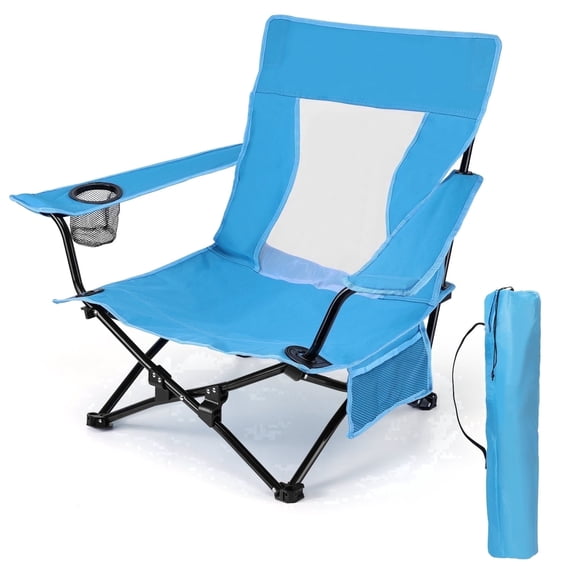 Walchoice Folding Beach Chair for Adults, Low Seat Camping Chair with High Back, Wide Seat Chair with Cup Holder & Carry Bag, Heavy Duty Portable Chair for Outdoor Picnic Travel - Blue