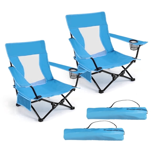 Walchoice Folding Beach Chair for Adults, Low Seat Camping Chair with High Back, Wide Seat Chair with Cup Holder & Carry Bag, Heavy Duty Portable Chair for Outdoor Picnic Travel (2 Pack of Blue)