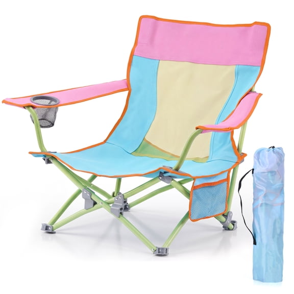 Walchoice Folding Beach Chair for Adults, Low Seat Camping Chair with High Back, Wide Seat Chair with Cup Holder & Carry Bag, Heavy Duty Portable Chair for Outdoor Picnic Travel - Colorful