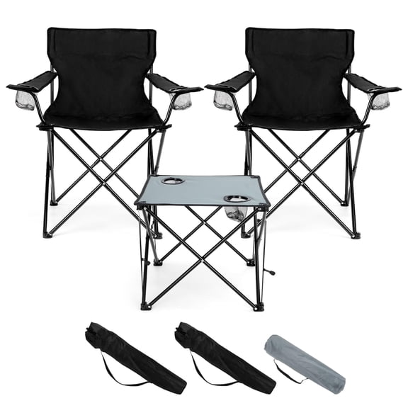 Walchoice Folding Camping Chairs Set, Oversized Lawn Chair for Adults, 2 Portable Camp Chairs & 1 Grey Table for Outdoor Fishing Hiking Beach Picnic, Carrying Bag, Black