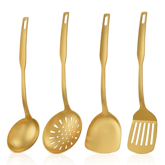 Walchoice 4-Piece Gold Stainless Steel Kitchen Utensil Set, One-Piece Cooking Utensils with Matte Brushed Finish, Heat Resistant Metal Kitchen Tools for Cooking, Dishwasher Safe