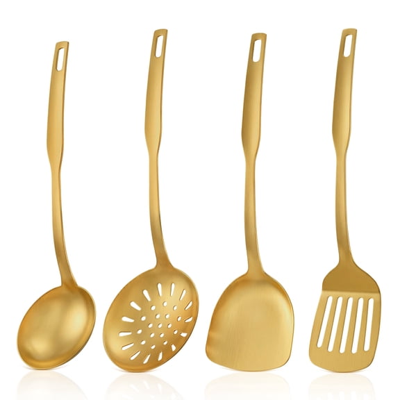 Walchoice 4-Piece Gold Stainless Steel Kitchen Utensil Set, One-Piece Cooking Utensils with Matte Brushed Finish, Heat Resistant Metal Kitchen Tools for Cooking, Dishwasher Safe
