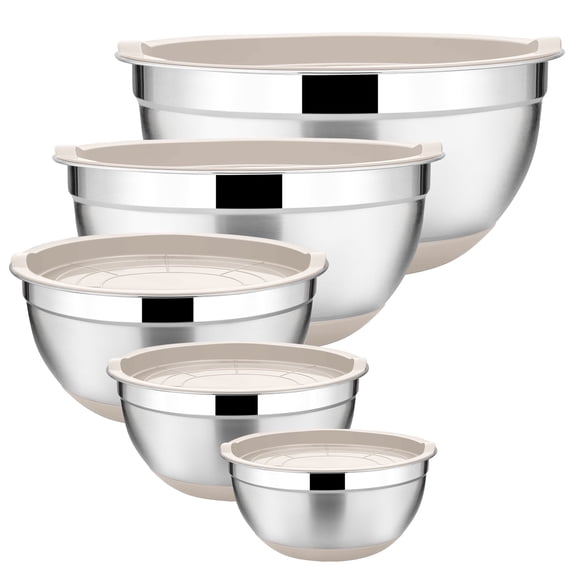 Walchoice Mixing Bowls with Lids Set of 5, Stainless Steel Nesting Bowls for Baking Serving Preparing, Include 7/3.5/2.5/2/1 QT Metal Bowls - Khaki