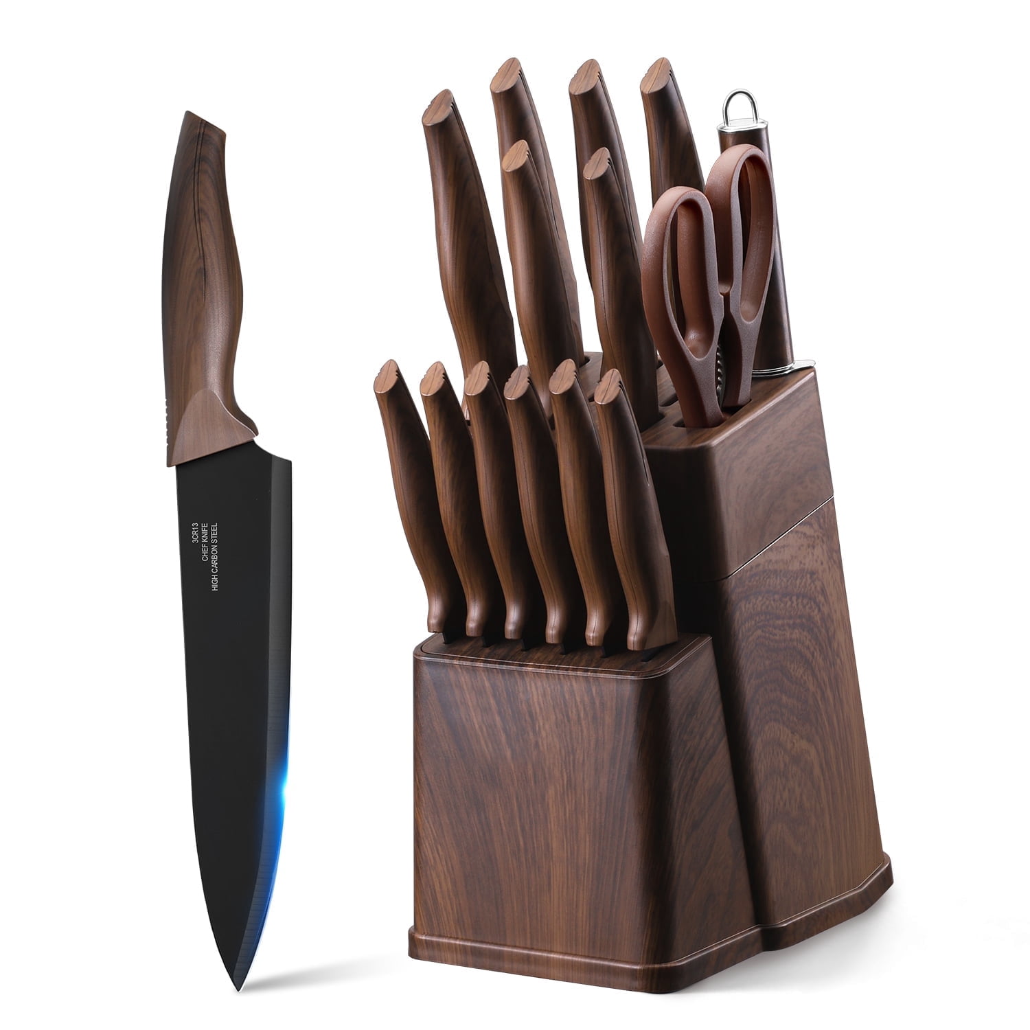 Walchoice 15 Pieces Knife Set with Block, High Carbon Stainless Steel Kitchen Knife Set with Sharpener, Rust Resistant & Dishwasher Safe - Walnut Brown
