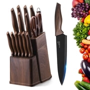 Walchoice 15 Pieces Knife Set with Block, High Carbon Stainless Steel Kitchen Knife Set with Sharpener, Rust Resistant & Dishwasher Safe - Walnut Brown