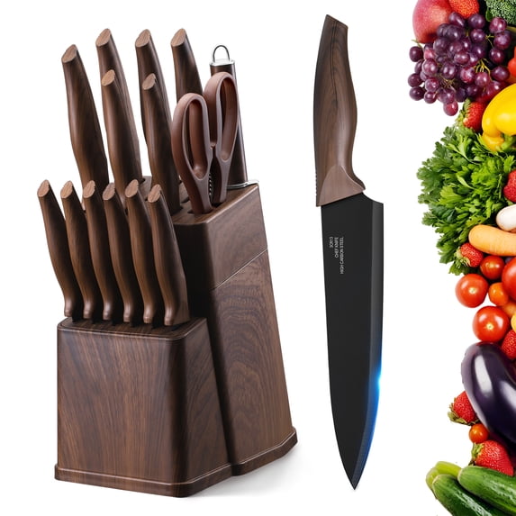 Walchoice 15 Pieces Knife Set with Block, High Carbon Stainless Steel Kitchen Knife Set with Sharpener, Rust Resistant & Dishwasher Safe - Walnut Brown
