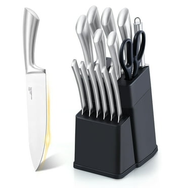 Walchoice Kitchen Knife Set with Block, 15 Pcs Stainless Steel Knife Set with Sharpener, Sharp Blade & Dishwasher Safe