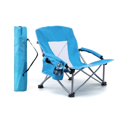 Walchoice Low Back Beach Chairs, Blue Folding Chair with Wide Seat, Lightweight Portable Chair with Cup Holder & Carry Bag, 250 LBS Capacity for Camping Picnic