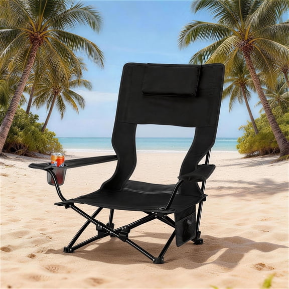 Walchoice Low Beach Chair, High Back Chair with Comfortable Pillow for Adults, Oversized Seat Chair with Cup Holder & Carry Bag for Outdoor Lawn Camping Picnic, Heavy Duty & Lightweight - Black