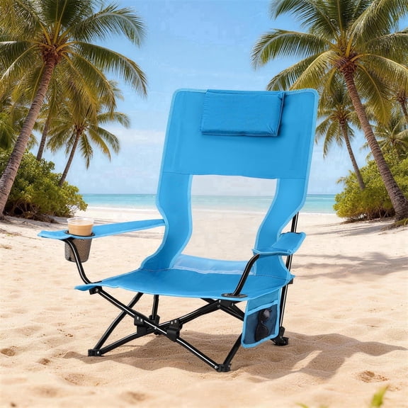 Walchoice Low Beach Chair, High Back Chair with Comfortable Pillow for Adults, Oversized Seat Chair with Cup Holder & Carry Bag for Outdoor Lawn Camping Picnic, Heavy Duty & Lightweight - Blue