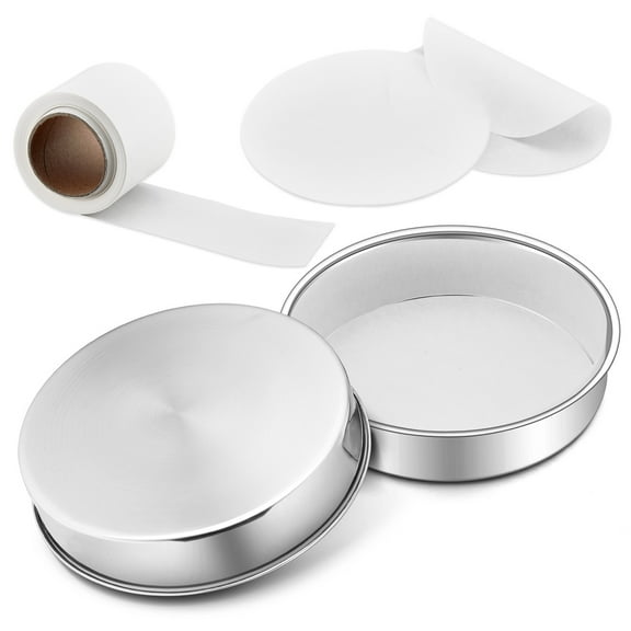 Walchoice Metal Round Cake Pans, 8 inch Stainless Steel Baking Pans with 60 Pieces Round Parchment Papers & Side Liner Roll