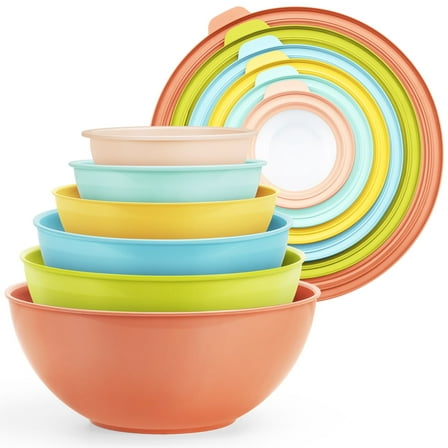 Walchoice Mixing Bowls with Airtight Lids Set of 6, Plastic Nesting Bowls Prep Bowls for Mixing, Serving, Kitchen Preparing, Storage, Microwave & Freezer Safe, Multi-Color