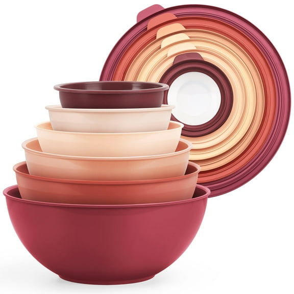 Walchoice Mixing Bowls with Airtight Lids Set of 6, Plastic Nesting Bowls Prep Bowls for Mixing, Serving, Kitchen Preparing, Storage, Microwave & Freezer Safe, Red