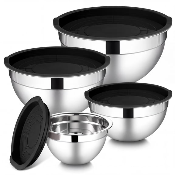 Walchoice Mixing Bowls with Lid Set of 4, Stainless Steel Nesting Metal Bowls for Kitchen Storage, Ideal for Preparing Cooking Serving Freezing, Size 0.7 & 1.2 & 2 & 2.5 QT - Black