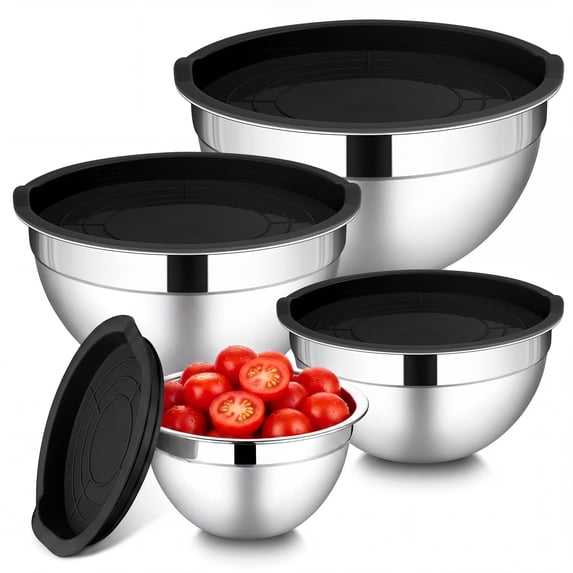 Walchoice Mixing Bowls with Lid Set of 4, Stainless Steel Nesting Metal Bowls for Kitchen Storage, Ideal for Preparing Cooking Serving Freezing, Size 0.7 & 1.2 & 2 & 2.5 QT - Black