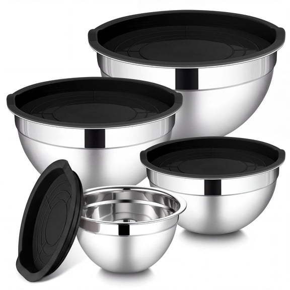 Walchoice Mixing Bowls with Lid Set of 4, Stainless Steel Nesting Metal Bowls for Kitchen Storage, Ideal for Preparing Cooking Serving Freezing, Size 0.7 & 1.2 & 2 & 2.5 QT - Black