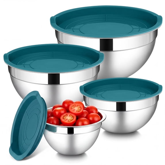Walchoice Mixing Bowls with Lid Set of 4, Stainless Steel Nesting Metal Bowls for Kitchen Storage, Ideal for Preparing Cooking Serving Freezing, Size 0.7 & 1.2 & 2 & 2.5 QT - Blue